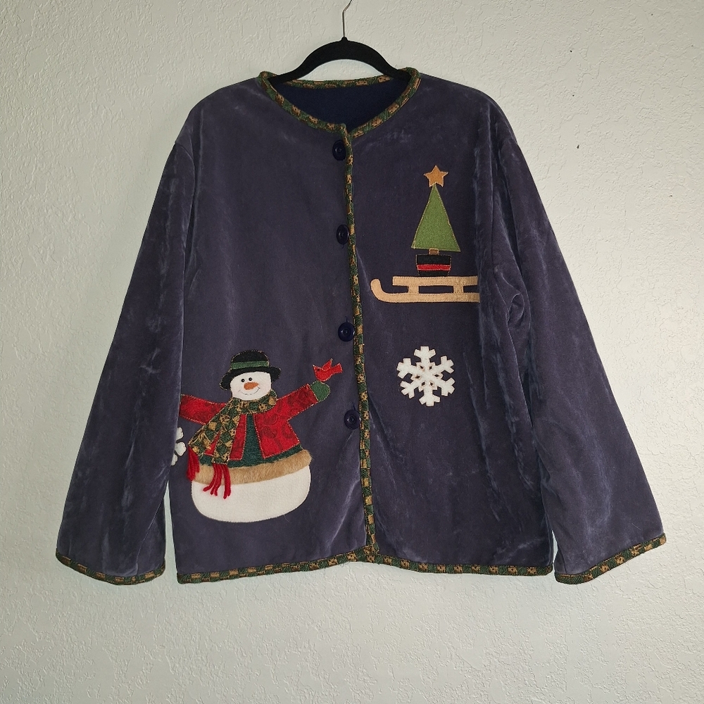 Vtg Kirklands Home Christmas Jacket One Size Womens Snowman Blue Velvet